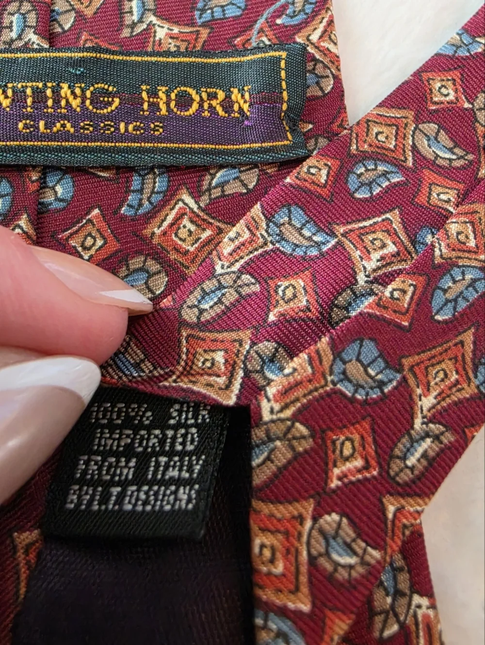 Vintage Hunting Horn Classics Men's Necktie Burgundy Tan Paisley Geometric Tie